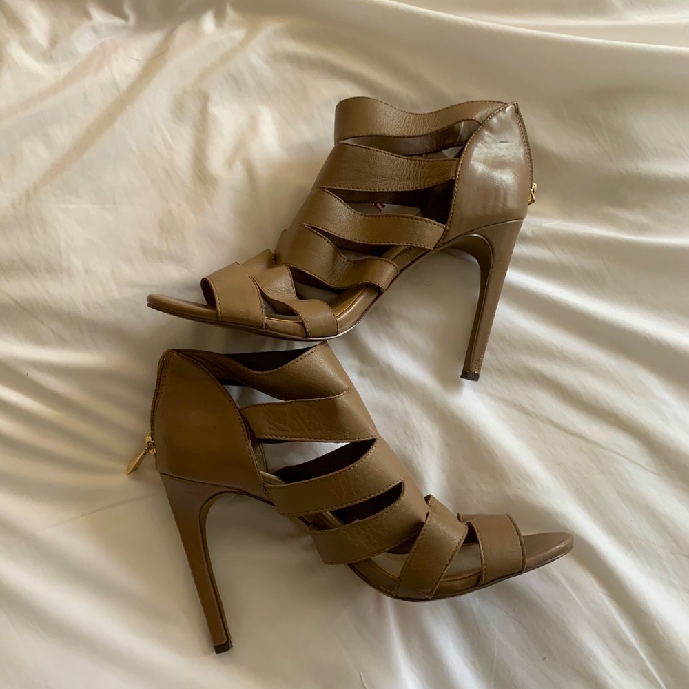 Strappy Heels - leather, stiletto, nude beige 8.5